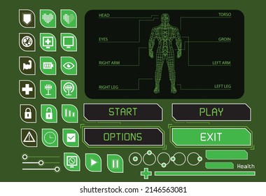 set of retro cyberpunk video game interface icons, sci fi vector design HUD elements