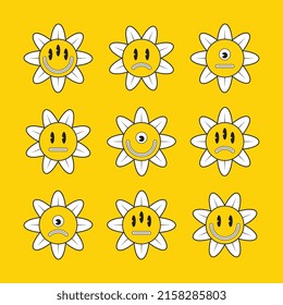 Set of retro daisy flowers with random emotions on face on a yellow background. Vintage pop culture symbols for posters and t-shirt prints. Groovy vector editable illustration  EPS 10