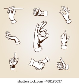 Set of  retro design elements - vector hands. 
