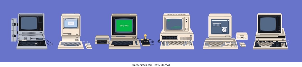 Set of retro desktop computers. Old pc machines with outdated monitors, old-fashioned keyboards, obsolete joystick and mouse. Vintage technology, equipment of 80s. Flat isolated vector illustrations