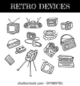 Set of retro devices in doodle style. Hand drawn vector illustration isolated on white.