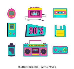 Conjunto de dispositivos retro en estilo memphis. Grabadora de cinta, cassette, disquete, película, caja de música, ilustración vectorial de consola de juegos. Nostalgia de los años 90.