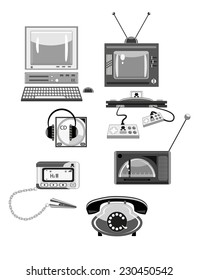 Set of retro devices in shades of gray. Vector.