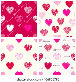 Set of retro different vector geometric seamless valentine patterns (tiling) with hearts and arrows. Endless texture can be used for pattern fills, web page background, surface and textile textures 