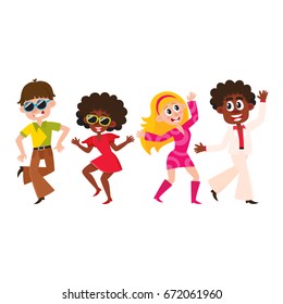 Set of retro disco dancers, black and Caucasian boys and girls, men and women, cartoon vector illustration isolated on white background. Men and women in colorful clothes dancing at retro disco party