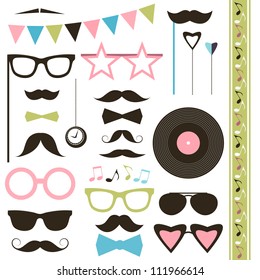 Set of retro disco party elements. Mustaches and sunglasses.