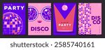 Set of retro disco party posters, covers or banners with disco ball. Disco background. Flat design. Vector illustration