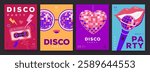 Set of retro disco party posters, covers or banners with disco ball. Disco background. Flat design. Vector illustration