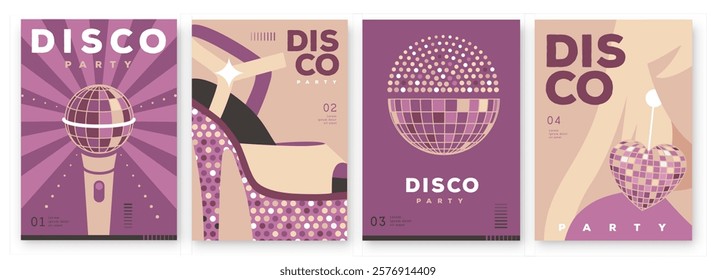 Set of retro disco party posters, covers or banners with disco ball. Disco background. Flat design. Vector illustration