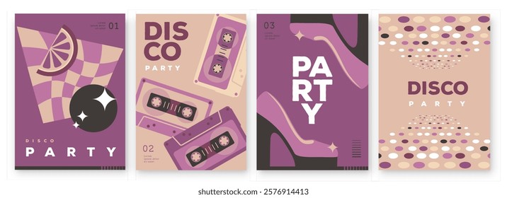 Set of retro disco party posters, covers or banners with disco ball. Disco background. Flat design. Vector illustration