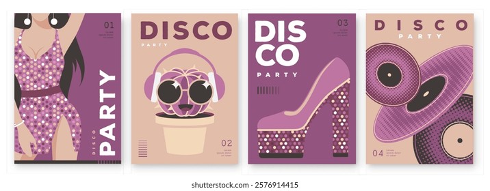 Set of retro disco party posters, covers or banners with disco ball. Disco background. Flat design. Vector illustration