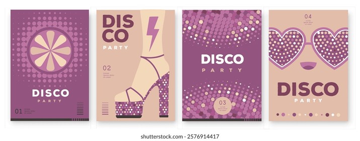 Set of retro disco party posters, covers or banners with disco ball. Disco background. Flat design. Vector illustration