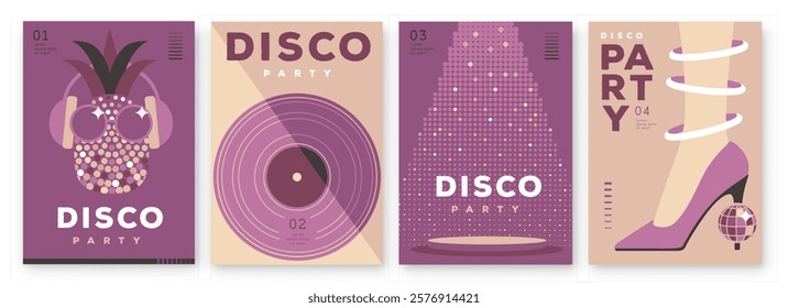 Set of retro disco party posters, covers or banners with disco ball. Disco background. Flat design. Vector illustration