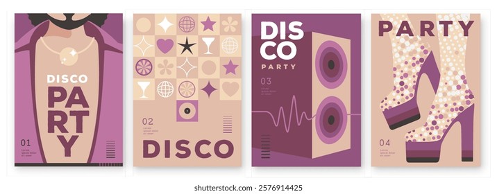 Set of retro disco party posters, covers or banners with disco ball. Disco background. Flat design. Vector illustration