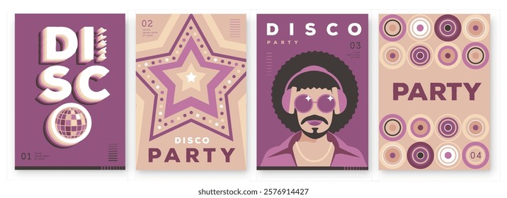 Set of retro disco party posters, covers or banners with disco ball. Disco background. Flat design. Vector illustration