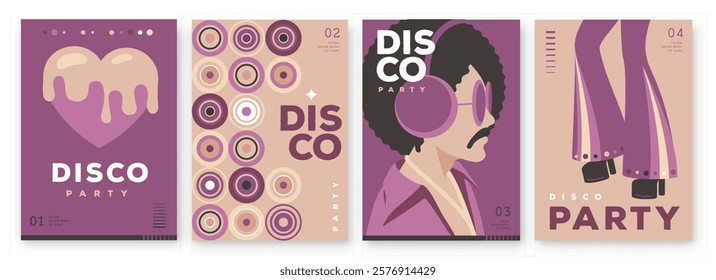 Set of retro disco party posters, covers or banners with disco ball. Disco background. Flat design. Vector illustration