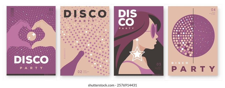 Set of retro disco party posters, covers or banners with disco ball. Disco background. Flat design. Vector illustration