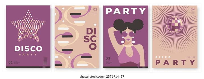 Set of retro disco party posters, covers or banners with disco ball. Disco background. Flat design. Vector illustration