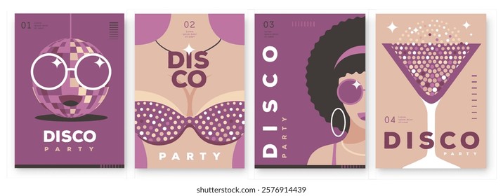 Set of retro disco party posters, covers or banners with disco ball. Disco background. Flat design. Vector illustration