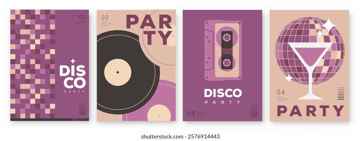 Set of retro disco party posters, covers or banners with disco ball. Disco background. Flat design. Vector illustration