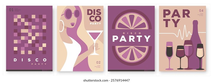 Set of retro disco party posters, covers or banners with disco ball. Disco background. Flat design. Vector illustration