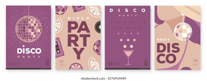 Set of retro disco party posters, covers or banners with disco ball. Disco background. Flat design. Vector illustration