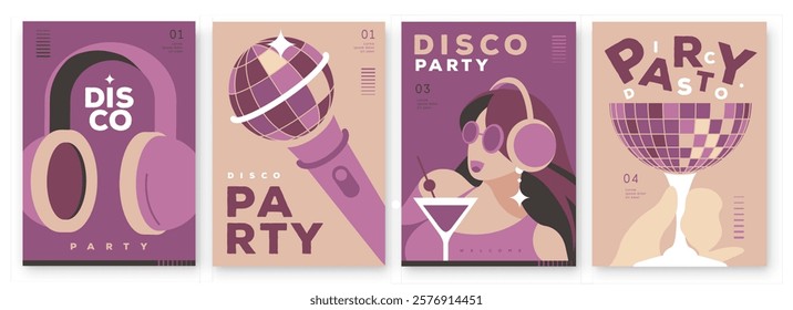 Set of retro disco party posters, covers or banners with disco ball. Disco background. Flat design. Vector illustration