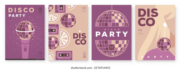 Set of retro disco party posters, covers or banners with disco ball. Disco background. Flat design. Vector illustration