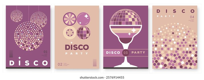 Set of retro disco party posters, covers or banners with disco ball. Disco background. Flat design. Vector illustration