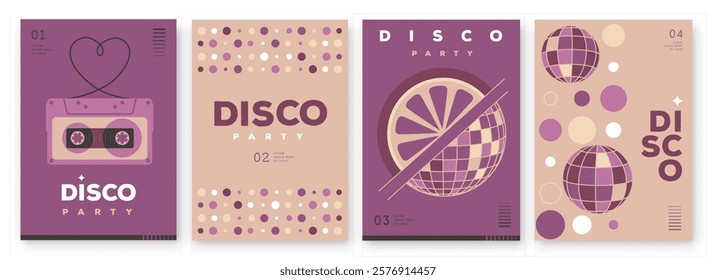 Set of retro disco party posters, covers or banners with disco ball. Disco background. Flat design. Vector illustration