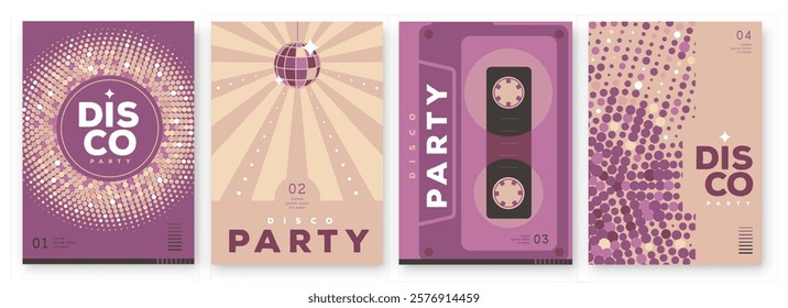 Set of retro disco party posters, covers or banners with disco ball. Disco background. Flat design. Vector illustration