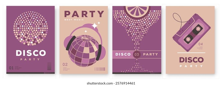 Set of retro disco party posters, covers or banners with disco ball. Disco background. Flat design. Vector illustration