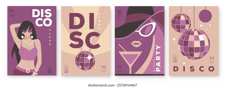 Set of retro disco party posters, covers or banners with disco ball. Disco background. Flat design. Vector illustration