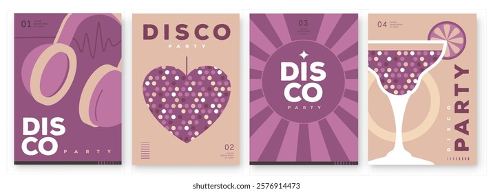 Set of retro disco party posters, covers or banners with disco ball. Disco background. Flat design. Vector illustration