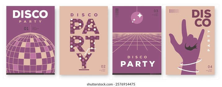 Set of retro disco party posters, covers or banners with disco ball. Disco background. Flat design. Vector illustration