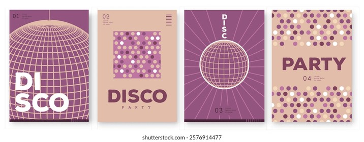 Set of retro disco party posters, covers or banners with disco ball. Disco background. Flat design. Vector illustration