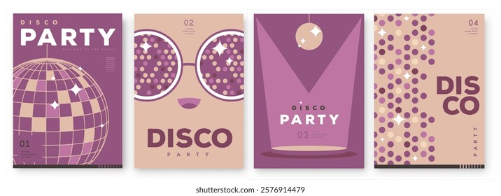 Set of retro disco party posters, covers or banners with disco ball. Disco background. Flat design. Vector illustration