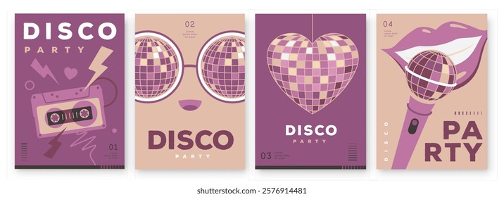 Set of retro disco party posters, covers or banners with disco ball. Disco background. Flat design. Vector illustration