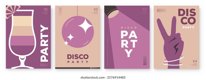 Set of retro disco party posters, covers or banners with disco ball. Disco background. Flat design. Vector illustration