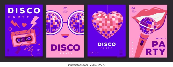 Set of retro disco party posters, covers or banners with disco ball. Disco background. Flat design. Vector illustration