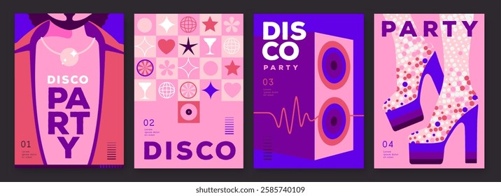 Set of retro disco party posters, covers or banners with disco ball. Disco background. Flat design. Vector illustration