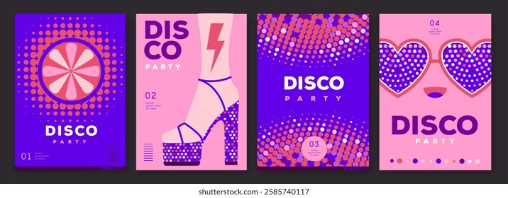 Set of retro disco party posters, covers or banners with disco ball. Disco background. Flat design. Vector illustration