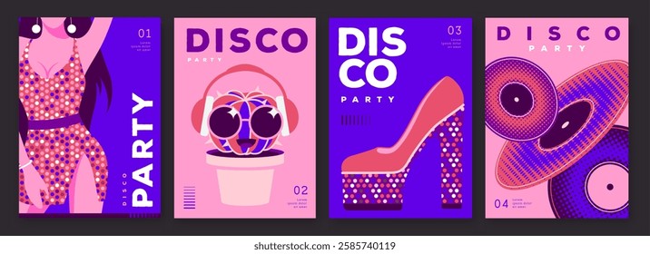 Set of retro disco party posters, covers or banners with disco ball. Disco background. Flat design. Vector illustration