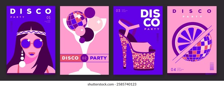 Set of retro disco party posters, covers or banners with disco ball. Disco background. Flat design. Vector illustration