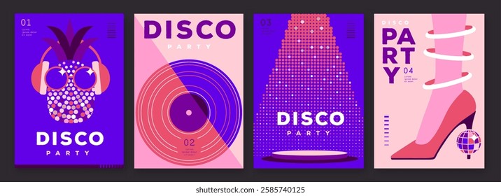 Set of retro disco party posters, covers or banners with disco ball. Disco background. Flat design. Vector illustration