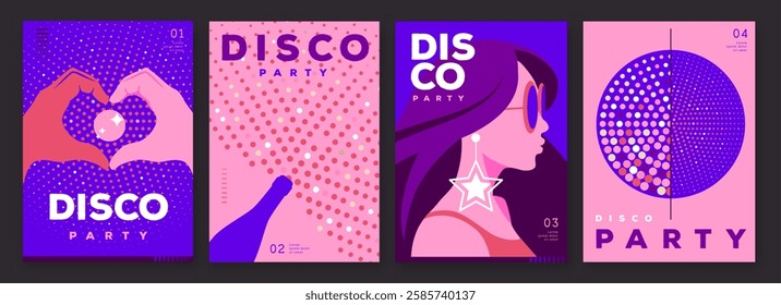 Set of retro disco party posters, covers or banners with disco ball. Disco background. Flat design. Vector illustration