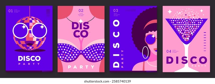 Set of retro disco party posters, covers or banners with disco ball. Disco background. Flat design. Vector illustration