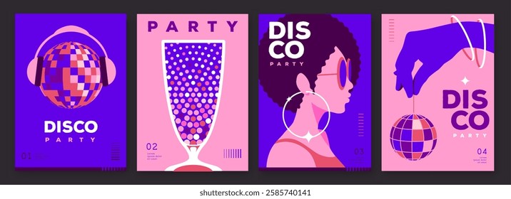 Set of retro disco party posters, covers or banners with disco ball. Disco background. Flat design. Vector illustration