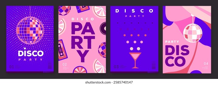 Set of retro disco party posters, covers or banners with disco ball. Disco background. Flat design. Vector illustration