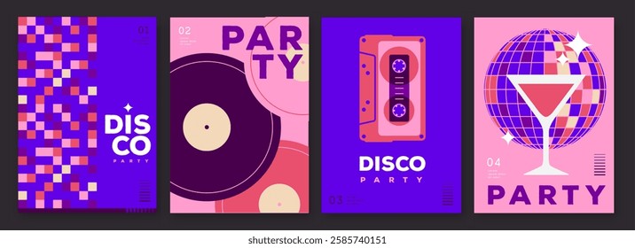 Set of retro disco party posters, covers or banners with disco ball. Disco background. Flat design. Vector illustration